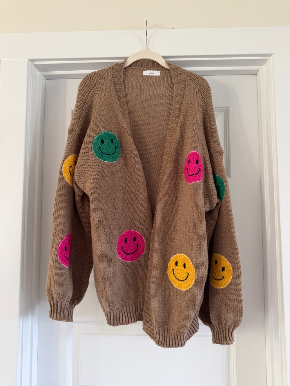 TALULAH Brown Cardigan with Pink, Green & Yellow Smiley Patches